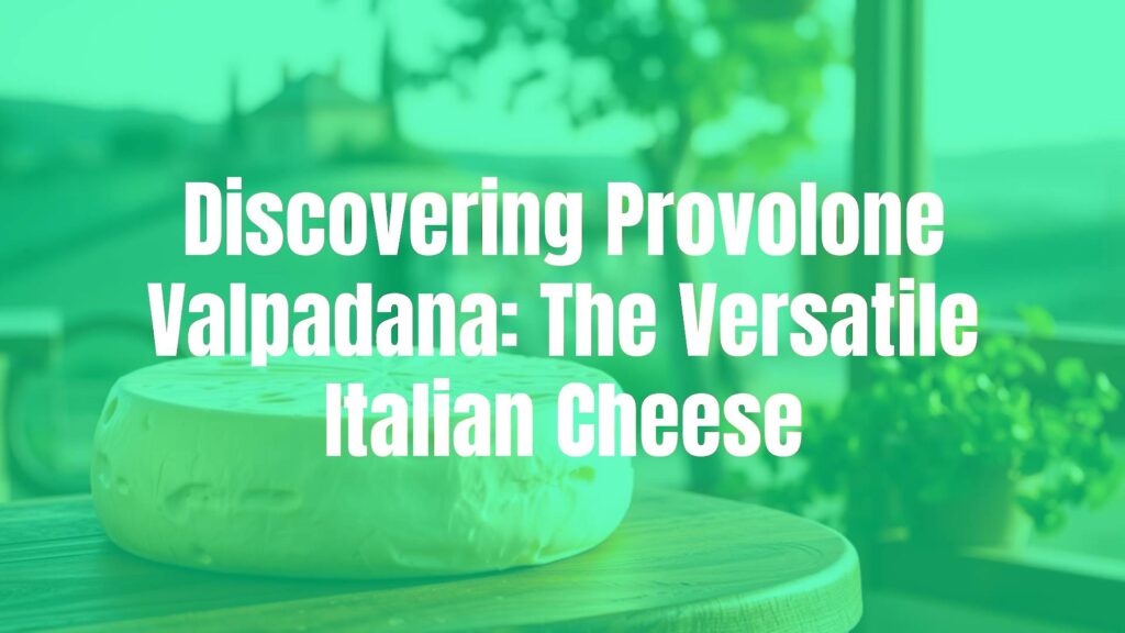 A large wheel of Provolone Valpadana cheese on a wooden table, rustic Italian countryside background, warm lighting, realistic food photography.