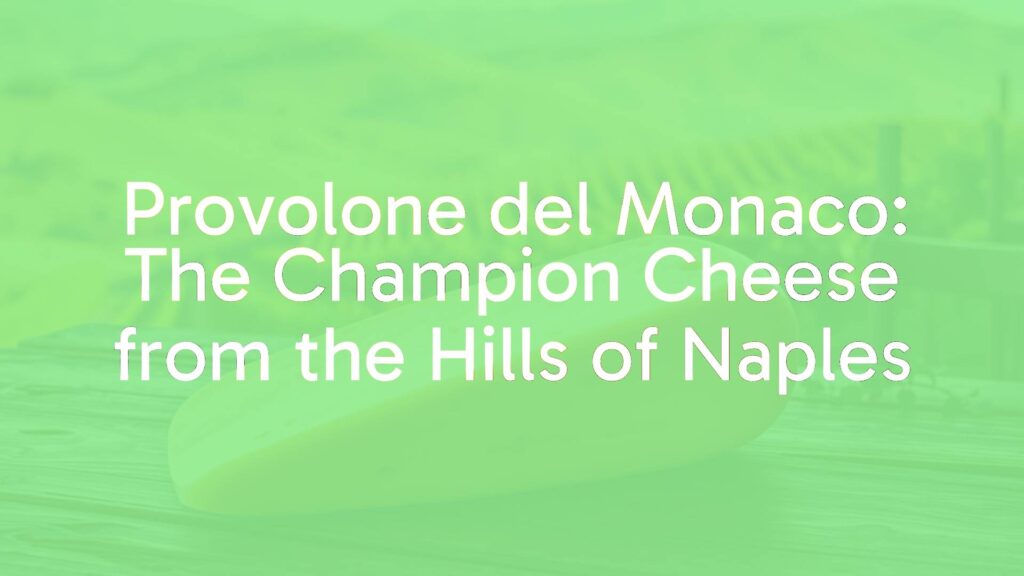 Aged Provolone del Monaco cheese, elongated melon shape, on a rustic wooden table, with Italian hills and a vineyard in the background, golden lighting, realistic.