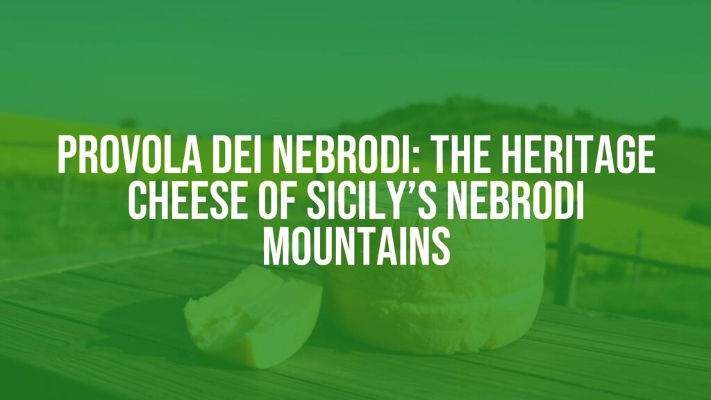 A rustic wheel of Provola dei Nebrodi cheese on a wooden table with Sicilian countryside backdrop, golden and yellow hues, traditional and inviting.