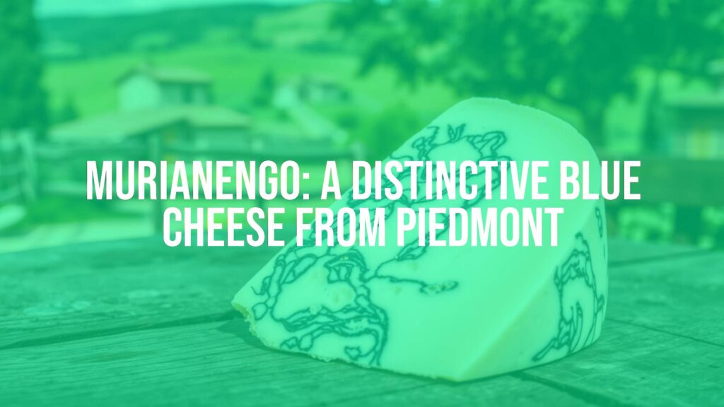 A detailed close-up of Murianengo blue cheese with blue-green veins, on a rustic wooden table, Italian countryside background, natural lighting, realistic.