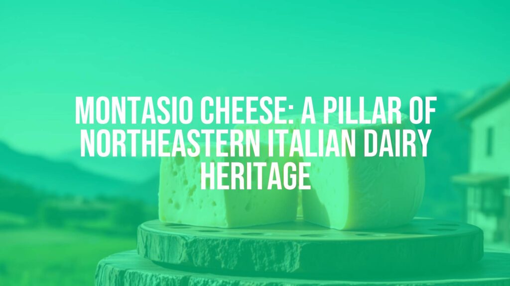 A wheel of Montasio cheese on a wooden board, rustic Italian countryside background, mountains in the distance, warm natural lighting, realistic and appetizing.
