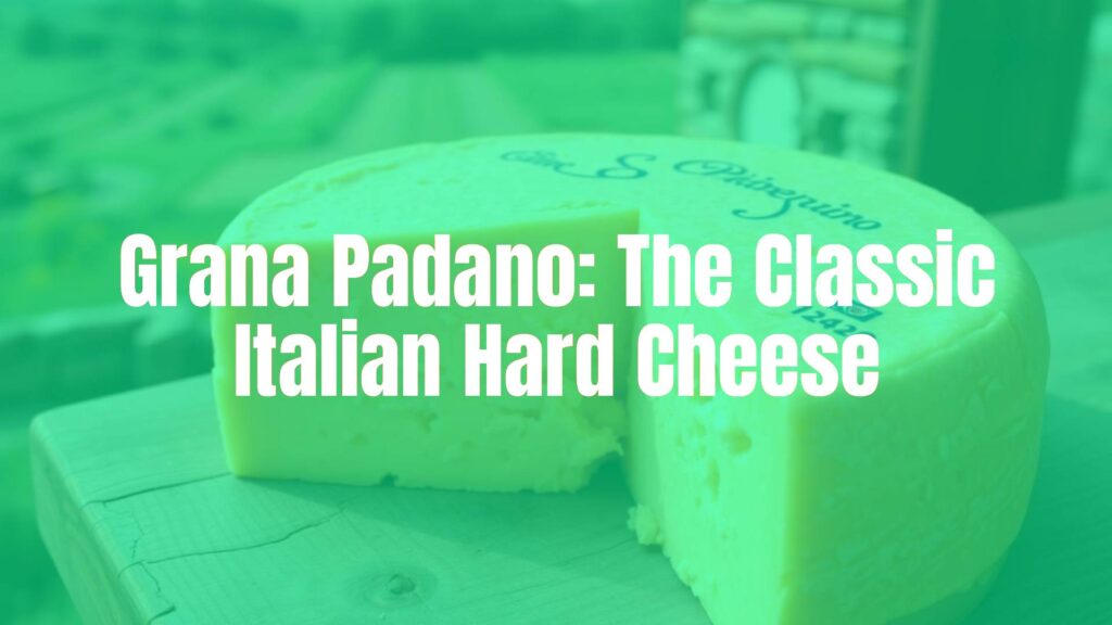 A wheel of Grana Padano cheese on a rustic wooden table, golden yellow color, crumbly texture, nutty flavor, Italian countryside backdrop, natural lighting, realistic.