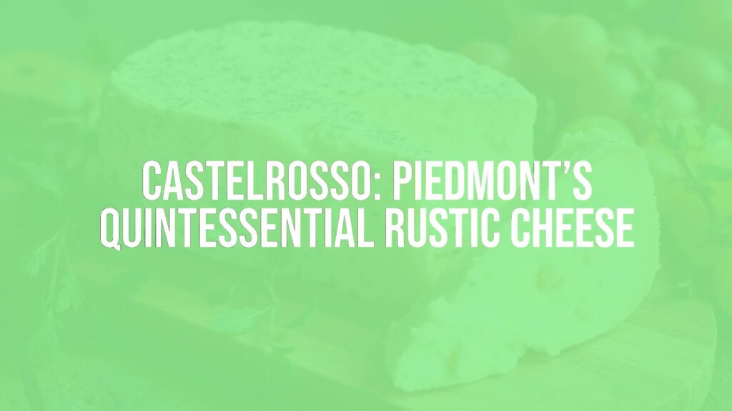 A rustic wedge of Castelrosso cheese on a wooden board, featuring its ivory-white crumbly texture and gray speckled rind, surrounded by fresh herbs and grapes, warm natural lighting, realistic.