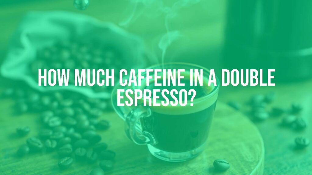 A rich double espresso in a small cup, steam rising, dark and bold with a creamy crema top, placed on a wooden table with coffee beans scattered around, warm lighting, realistic.