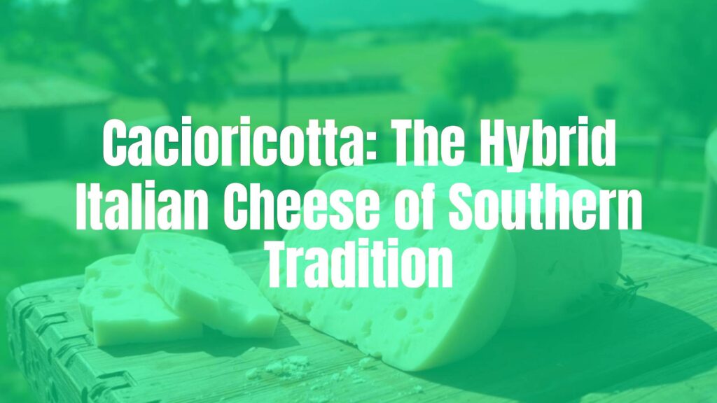 Traditional Italian Cacioricotta cheese on a rustic wooden table, Puglia countryside background, authentic and inviting, food photography.