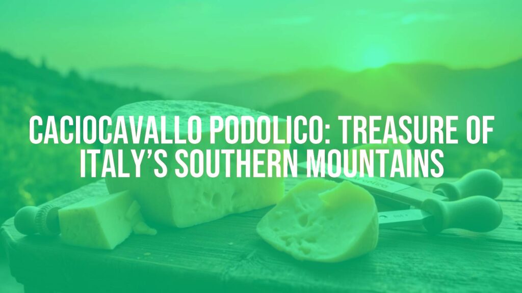 Aged Caciocavallo Podolico cheese, rustic wooden table, Italian mountains backdrop, golden sunset, traditional cheese-making tools, authentic and rich textures, warm lighting.