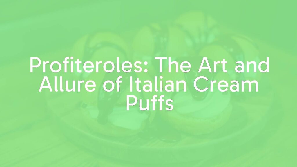 Golden profiteroles on a rustic wooden table, filled with whipped cream and drizzled with glossy chocolate sauce, Italian dessert, warm lighting, realistic.