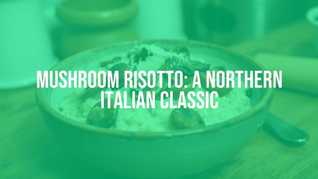 Creamy mushroom risotto in a rustic bowl, topped with sautéed mushrooms and Parmesan, warm earthy tones, soft lighting, Italian kitchen ambiance.