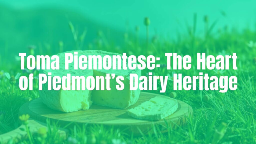 A rustic wheel of Toma Piemontese cheese on a wooden board, surrounded by alpine wildflowers and grass, soft natural lighting, realistic.