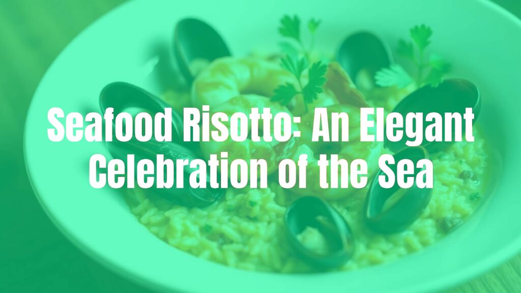 Elegant seafood risotto in a white bowl, featuring shrimp, mussels, and clams, creamy texture, garnished with parsley, Italian coastal cuisine, warm lighting, realistic.