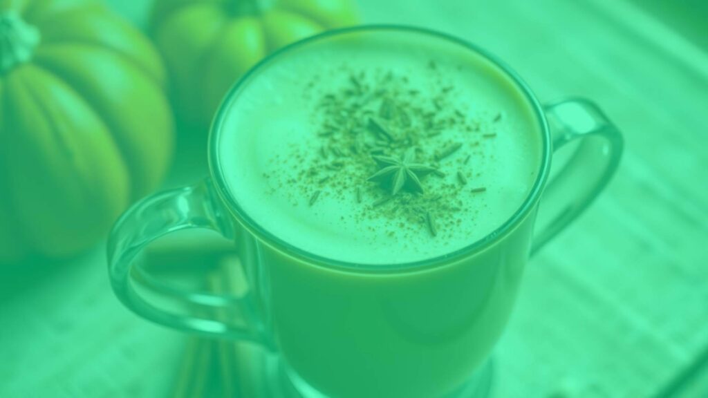 A warm and inviting pumpkin chai latte in a cozy setting, featuring a creamy froth with autumn spices like cinnamon and nutmeg, steamed milk, and a dusting of spice on top, realistic.