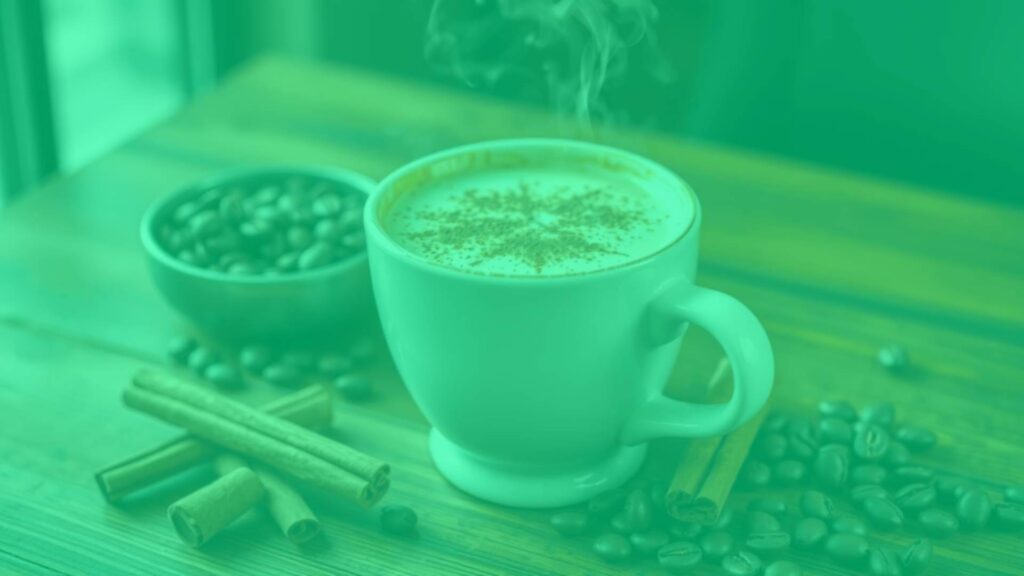 A steaming cinnamon latte in a ceramic cup, resting on a wooden table with cinnamon sticks and coffee beans, warm lighting, cozy atmosphere, realistic.