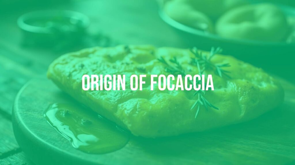 Traditional Italian focaccia bread with olive oil and herbs, golden crust, rustic wooden table, warm lighting, food photography style.