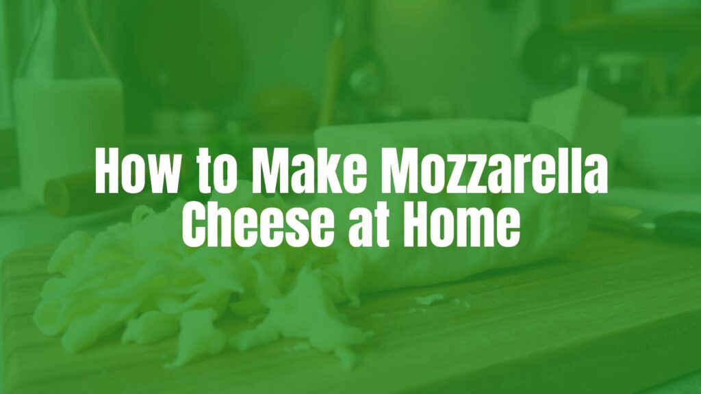 Fresh homemade mozzarella cheese, stretchy and creamy, on a wooden cutting board with milk bottle and cheese-making tools, warm kitchen lighting, realistic.