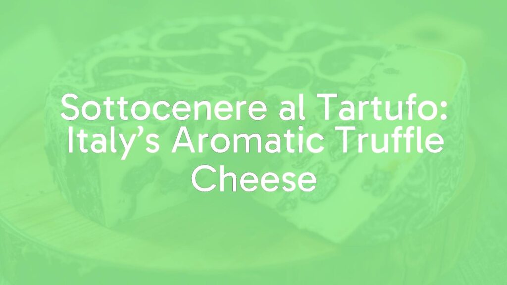 Artisanal Italian Sottocenere al Tartufo cheese, marbled with black truffle shavings, ash-coated rind, rustic wooden board, soft lighting, gourmet food photography.
