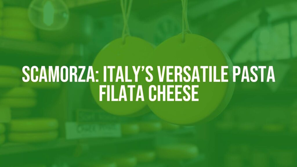 A pair of Scamorza cheeses hanging in a traditional Italian cheese shop, golden yellow color, rustic ambiance, soft lighting, realistic.