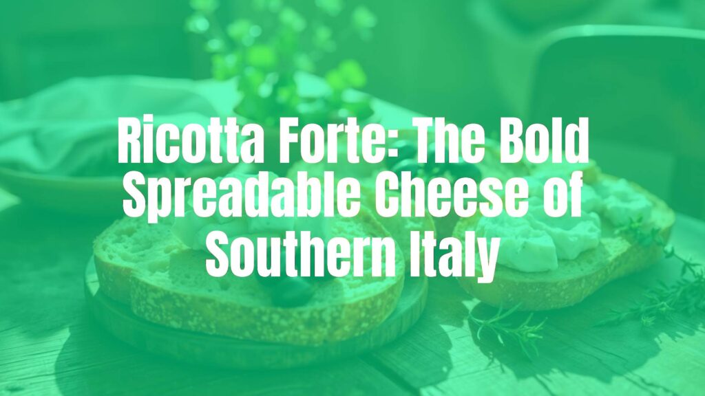 A rustic Italian table with ricotta forte cheese spread on fresh bread, surrounded by olives and herbs, warm sunlight, traditional Southern Italy vibe, realistic.