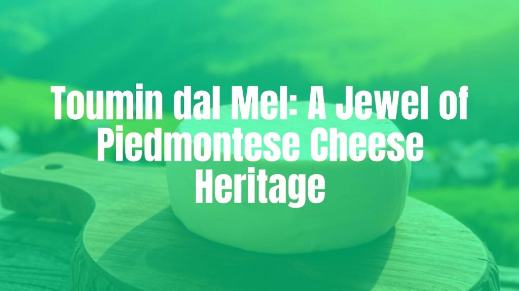 A small round of Toumin dal Mel cheese on a rustic wooden board, soft creamy texture with a faintly blooming rind, lush alpine pasture scenery in the background, warm natural lighting, realistic.