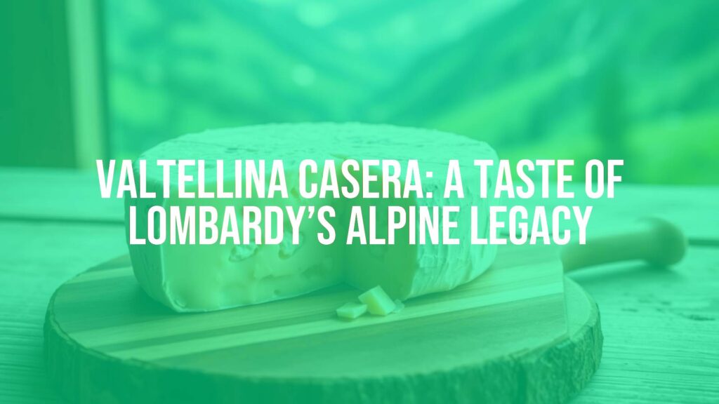 A wheel of Valtellina Casera cheese on a wooden board, alpine landscape in the background, soft natural lighting, rustic and realistic.