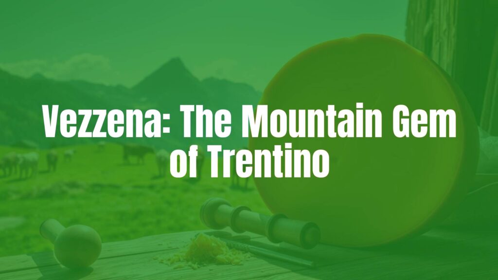 Alpine mountain landscape with cows grazing on lush green pastures, traditional cheese-making tools, wheel of Vezzena cheese with straw-yellow interior, rustic wooden table, warm sunlight, realistic.