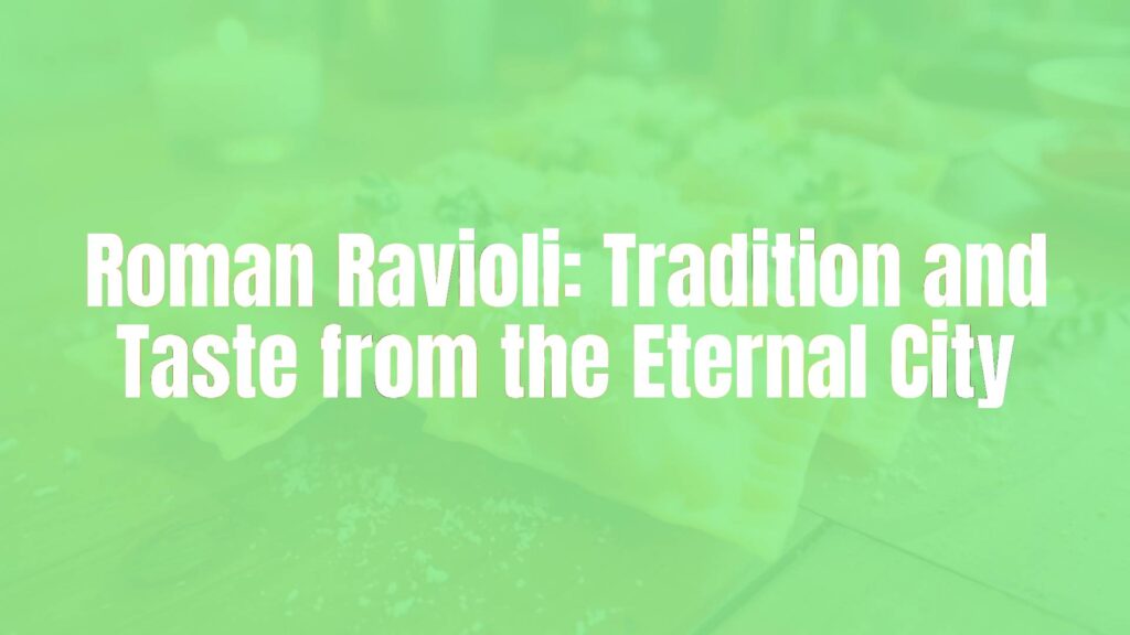 Traditional Roman ravioli on a rustic wooden table, golden square pasta with delicate fillings, fresh herbs and grated cheese sprinkled on top, warm Italian kitchen lighting, authentic and inviting.