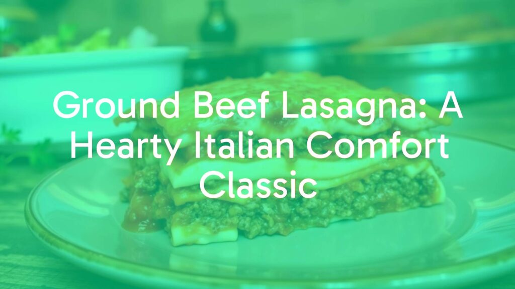 A delicious slice of ground beef lasagna, layered with pasta, rich tomato sauce, creamy béchamel, and flavorful ground beef, golden cheese on top, rustic Italian kitchen setting, warm lighting, realistic.