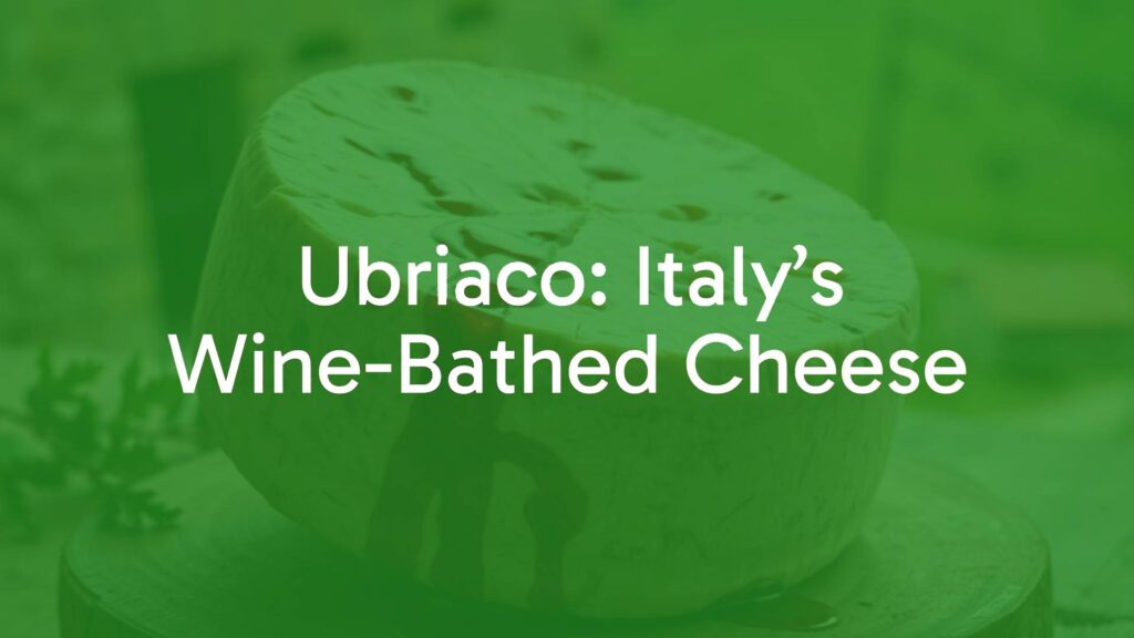 A wheel of Ubriaco cheese with a burgundy-hued rind, bathed in red wine, rustic Italian countryside background, realistic.