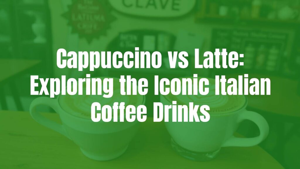 Two coffee cups side by side, one with cappuccino foam art, one with latte art, rustic Italian cafe background.