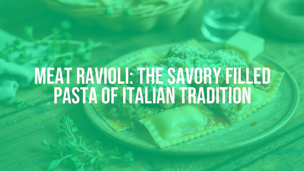 Homemade meat ravioli on a wooden table, filled with savory ground meat, garnished with Parmesan cheese and fresh herbs, rustic Italian cuisine style, warm and inviting lighting.