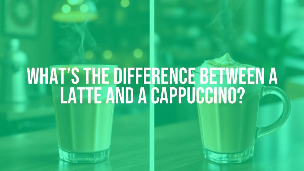 Side-by-side comparison of a latte and a cappuccino, steaming hot, detailed foam texture, coffee shop setting, warm lighting, realistic.